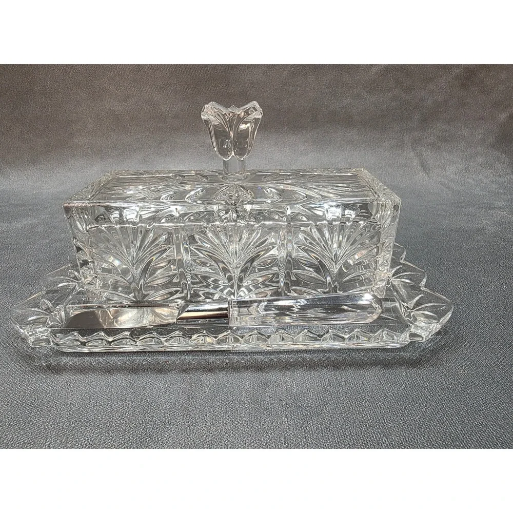 Pressed Glass Butter‎ Dish with Lid and Two Stainless Steel Spreaders Set
